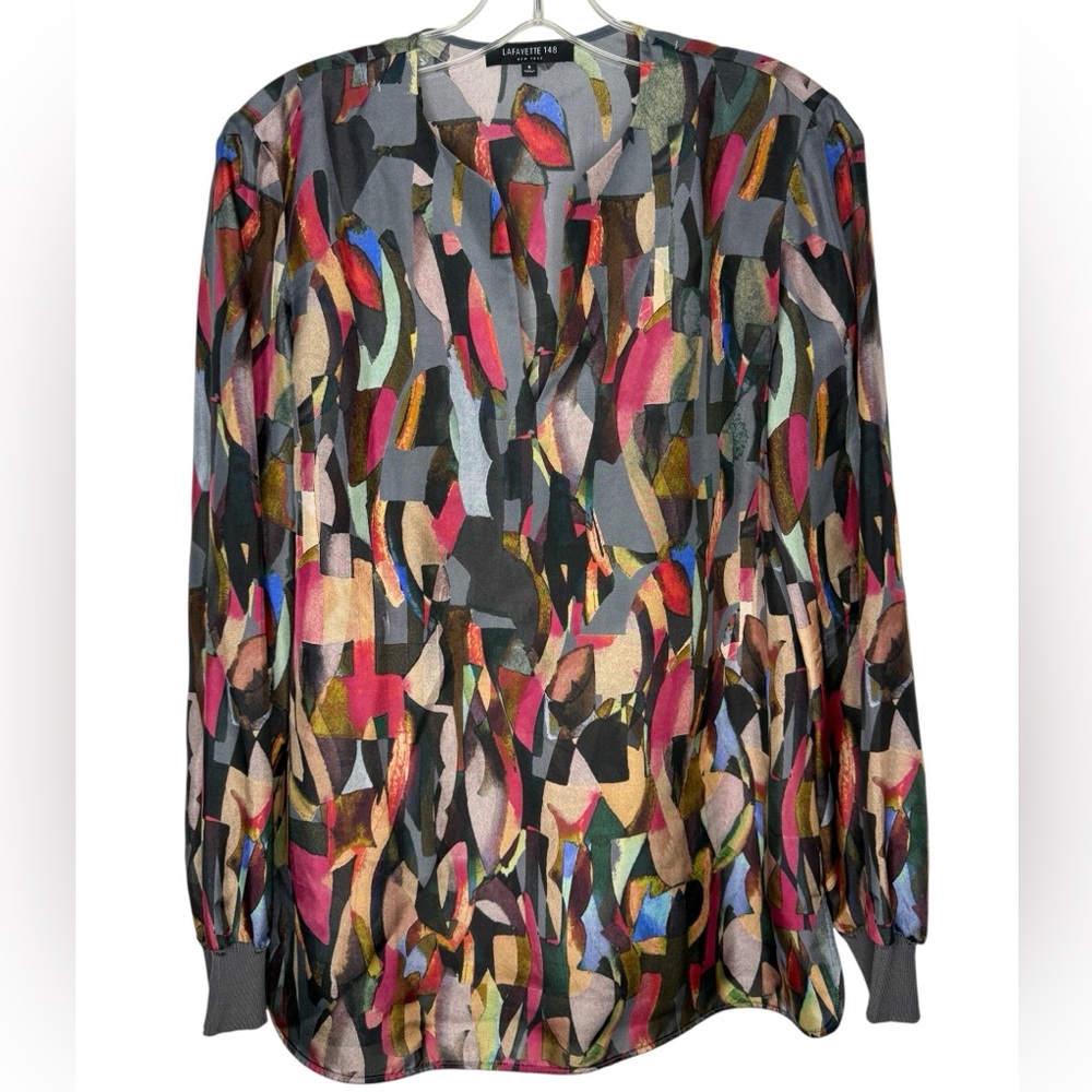 Lafayette 148 New York Silk Abstract Print Blouse Top Size Small